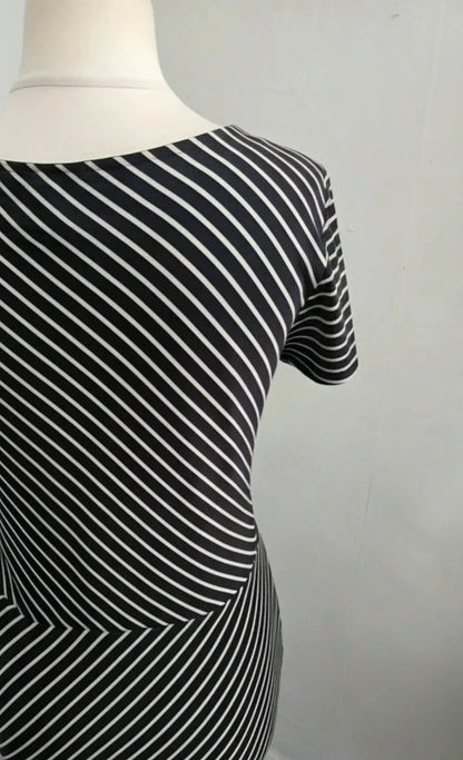 Laura Ashley Women's Black & Beige Striped Ruched Knot Front Midi Dress Size 14