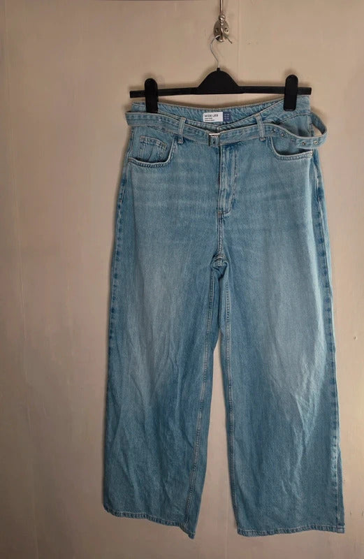 Next Light Blue High Rise Belted Wide Leg Jeans Size 12Reg Causal Retro