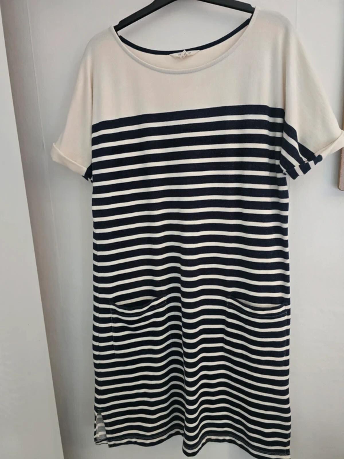 White Stuff Cream & Navy Striped Short Sleeved Midi Dress - Size 12
