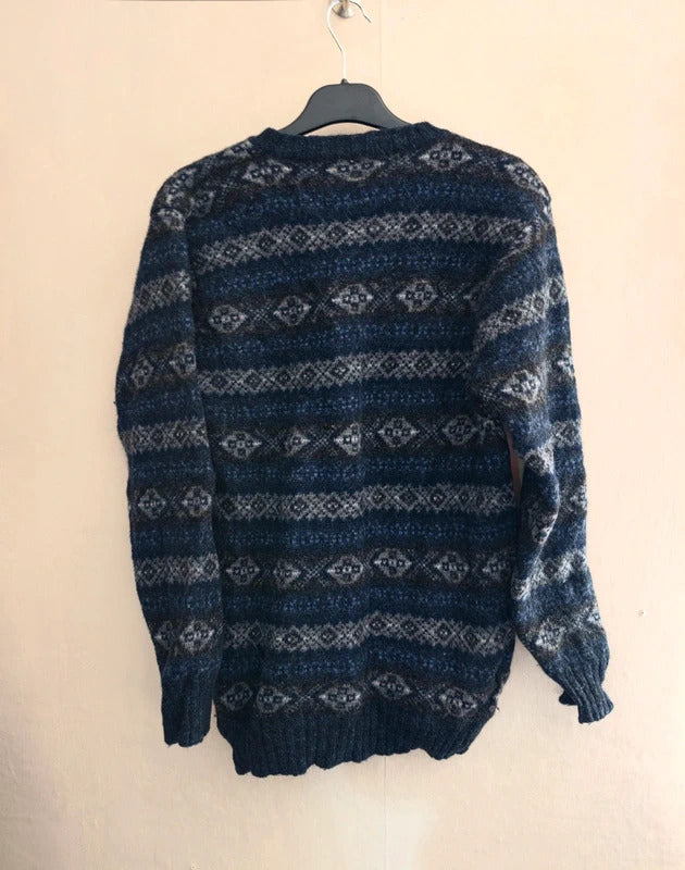 Vintage Jamieson's Shetland Navy & Grey Fair Isle Wool Cardigan (80s/90s)