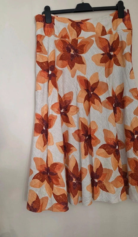 Kaliko Women's Orange & Cream Floral Linen Midi Skirt Size 16