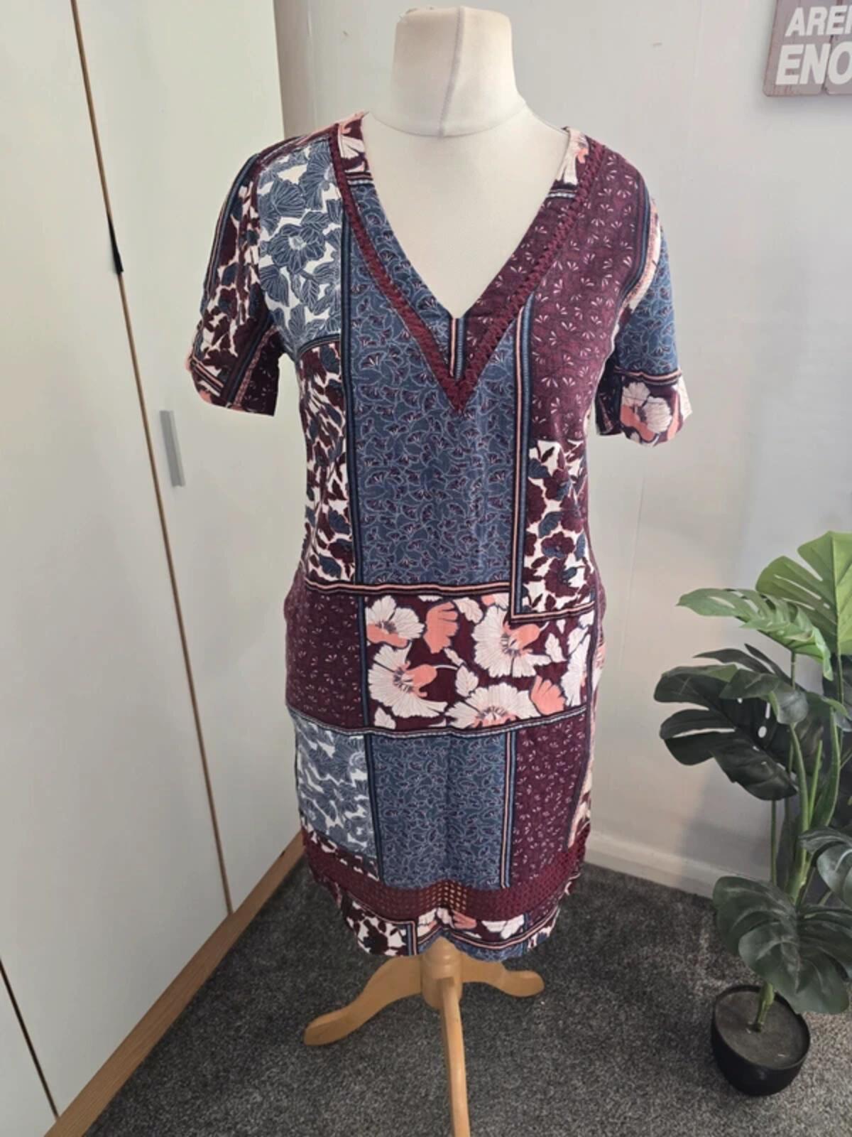 Next Burgundy & Blue Floral Patchwork Midi Dress  Size 6