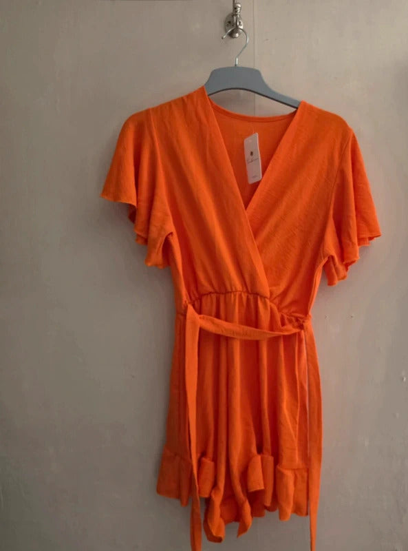 Tendance Bright Orange Belted Ruffle Playsuit One Size (Fits Size 14) NWT