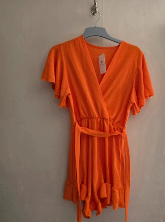 Tendance Bright Orange Belted Ruffle Playsuit One Size (Fits Size 14) NWT