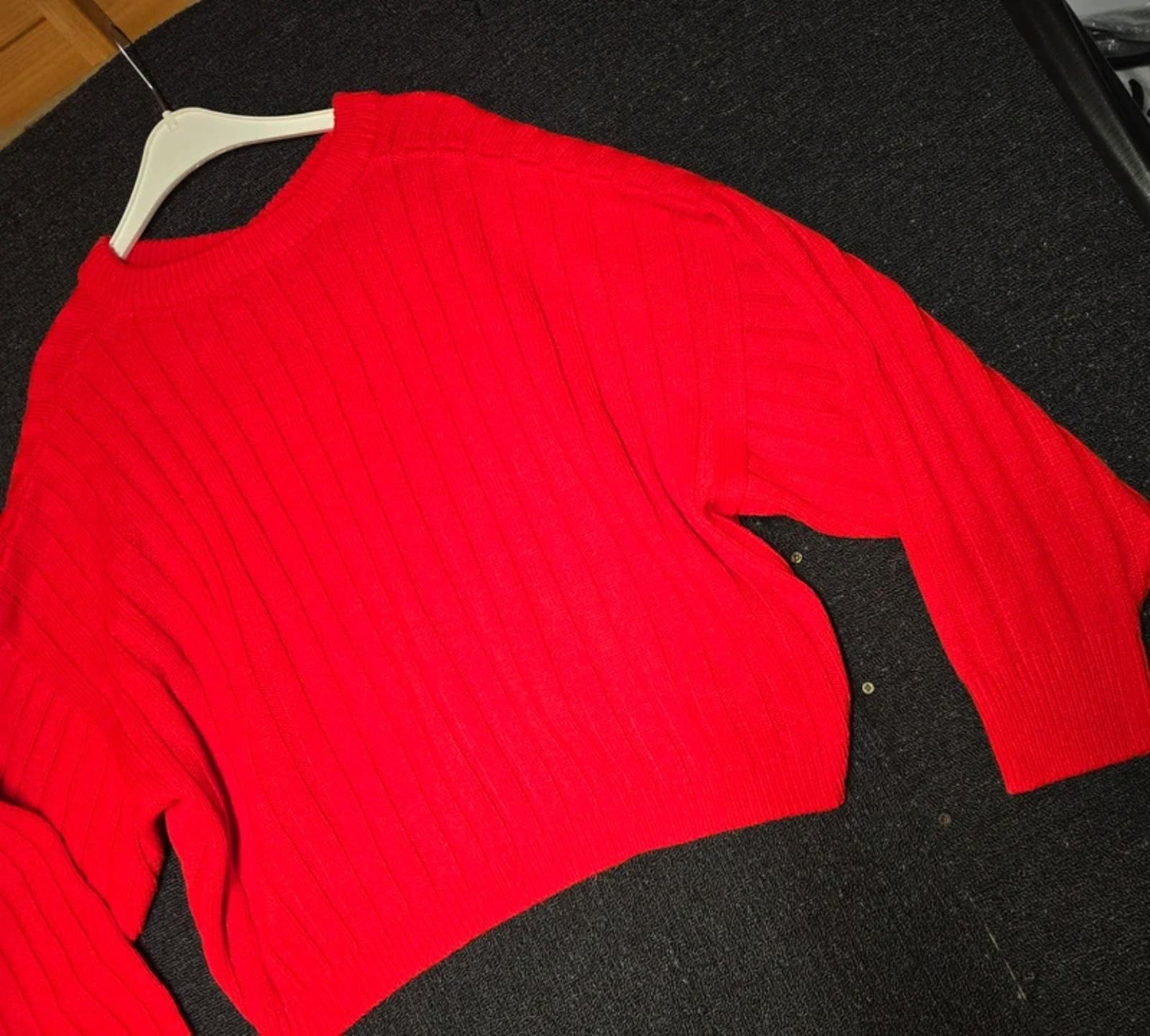 Topshop Red Ribbed Knit Jumper Size 16 Oversized V-Neck Slouchy Fit
