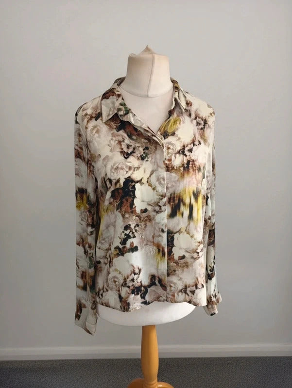 Limited Edition Cream Multicoloured Abstract Floral Print Blouse Size 14