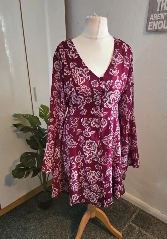 Brave Soul Burgundy Floral Dress Flared Sleeves - Size 10/12