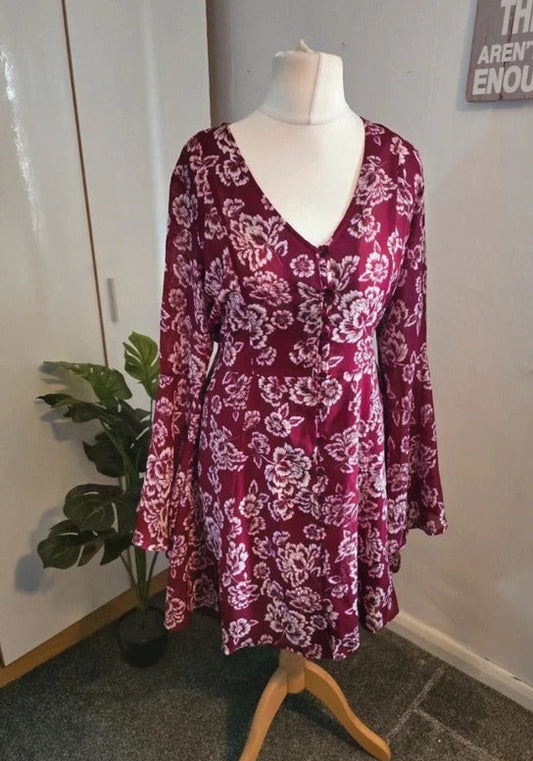 Brave Soul Burgundy Floral Dress Flared Sleeves - Size 10/12