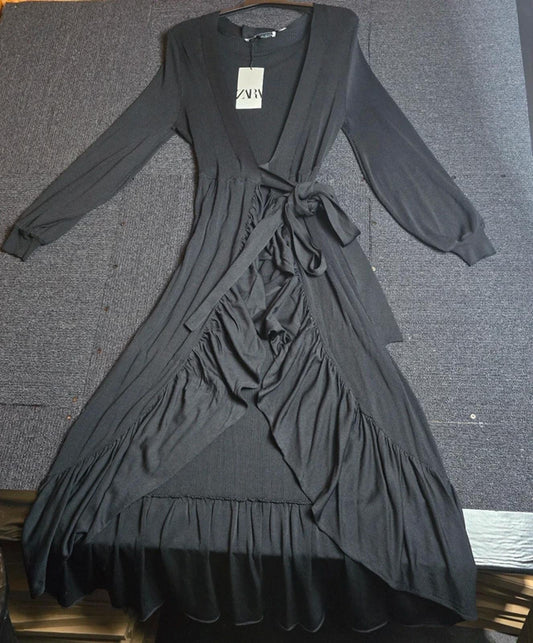 Zara Wrap Dress Black Med Size 10/12  Frilly Long Sleeved Weekend New