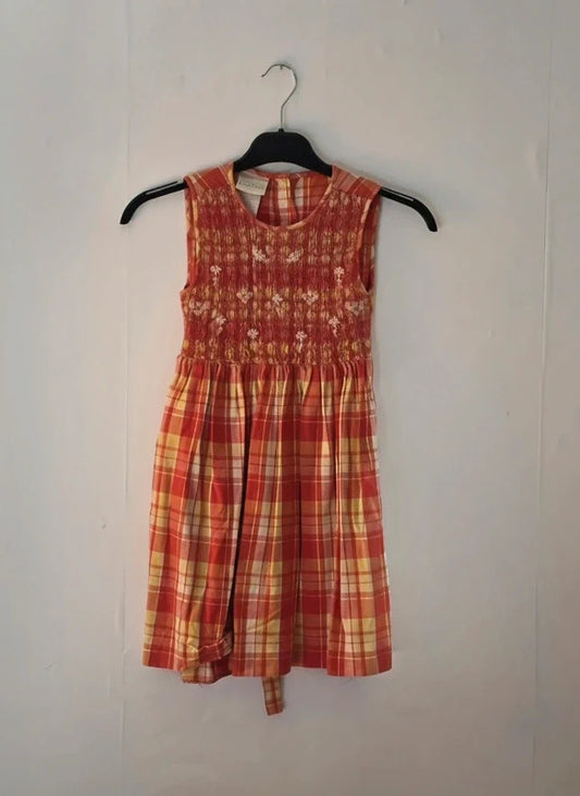 Vintage Laura Ashley Girls Red Yellow Checked Floral Smocked Dress 4Years 80 90s