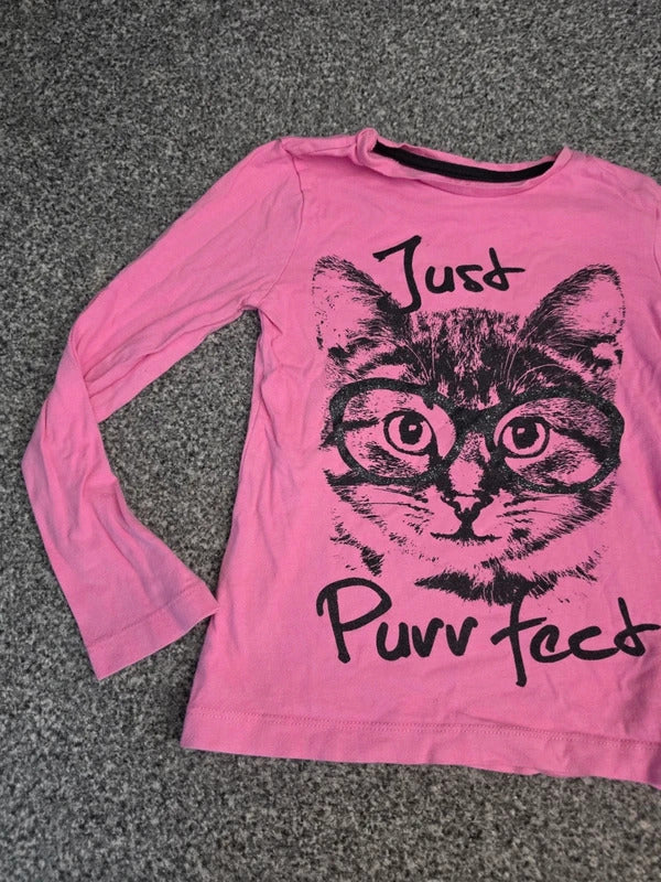 F&F Girls Bright Pink Long Sleeve "Just Purrfect" Cat Graphic T-Shirt Age 5-6 Years