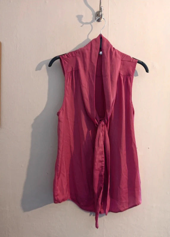 New Look Y2K Vintage Bright Pink Sleeveless Neck Tie Blouse Shirt Size 14
