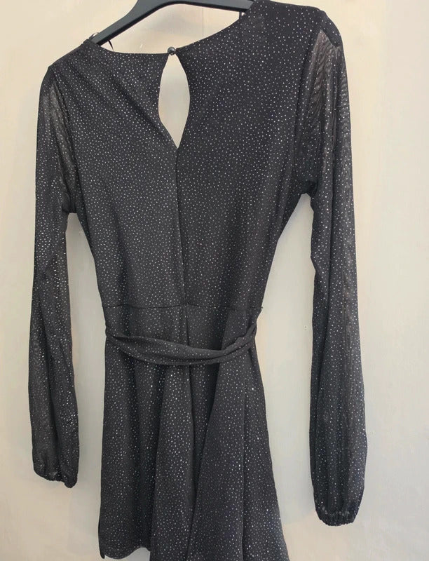 Quiz Black & Silver Sparkle Long-Sleeved Flared Playsuit Size 8 New