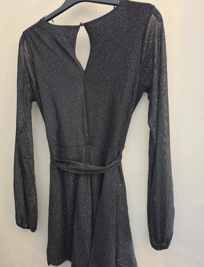 Quiz Black & Silver Sparkle Long-Sleeved Flared Playsuit Size 8 New