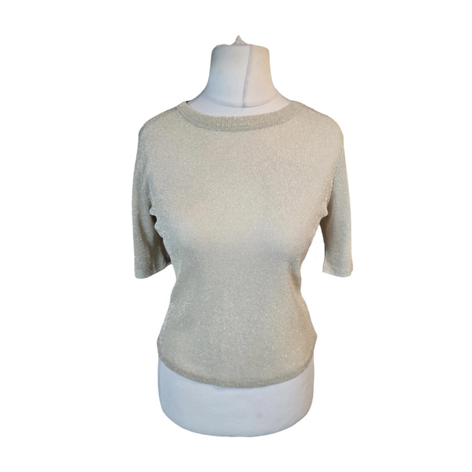 Next Gold Glitter Knit Top Size 12 Short Sleeve Round Neck New