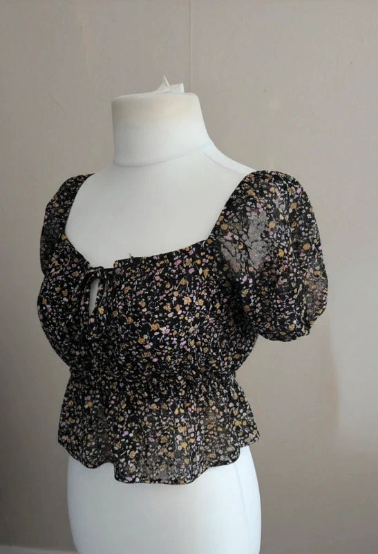 Topshop Black Floral Multicoloured Netted Tie Front Crop Peplum Top Size 10