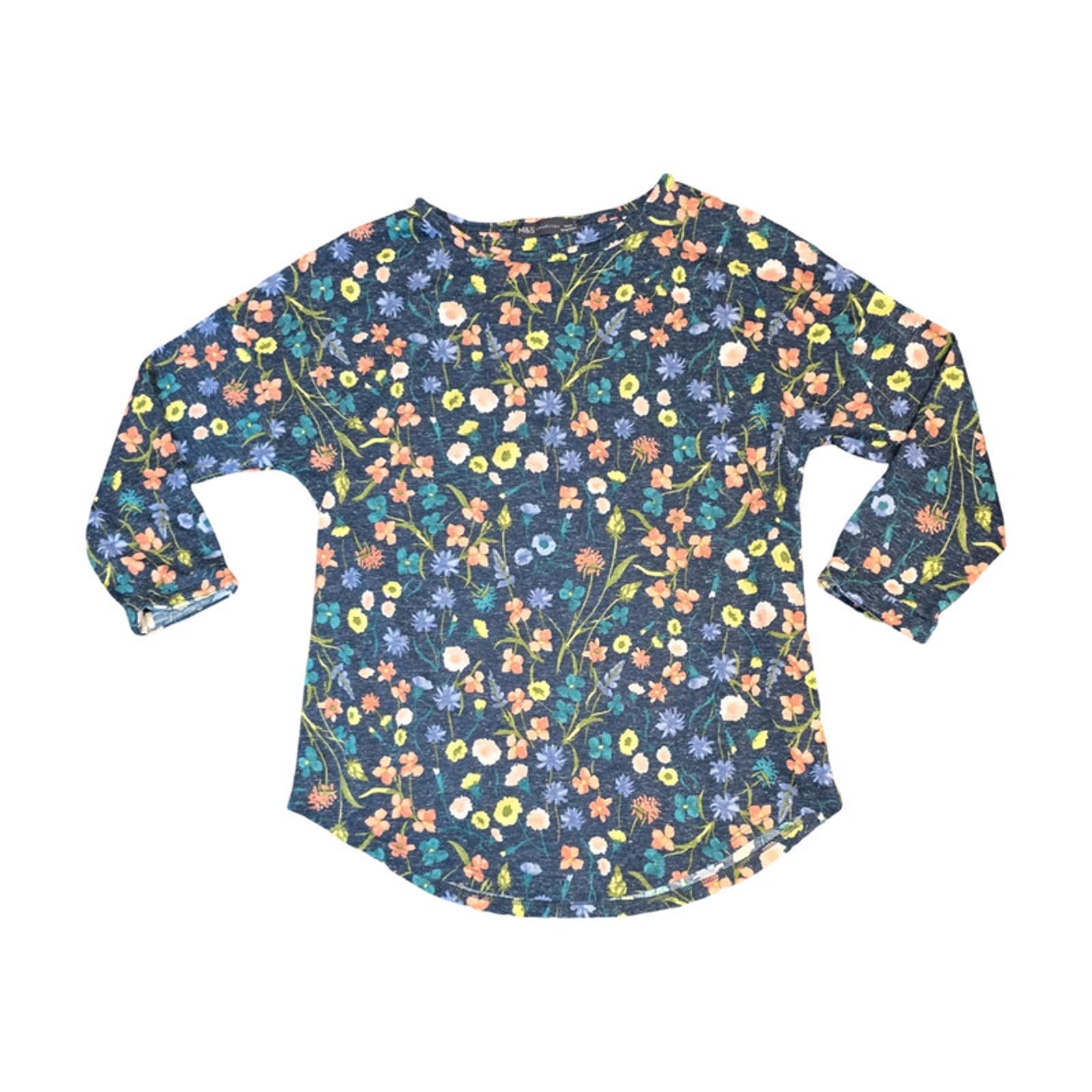 Marks & Spencer Navy Floral Jumper Size 12 Lightweight 3/4 Sleeve Relaxed Fit