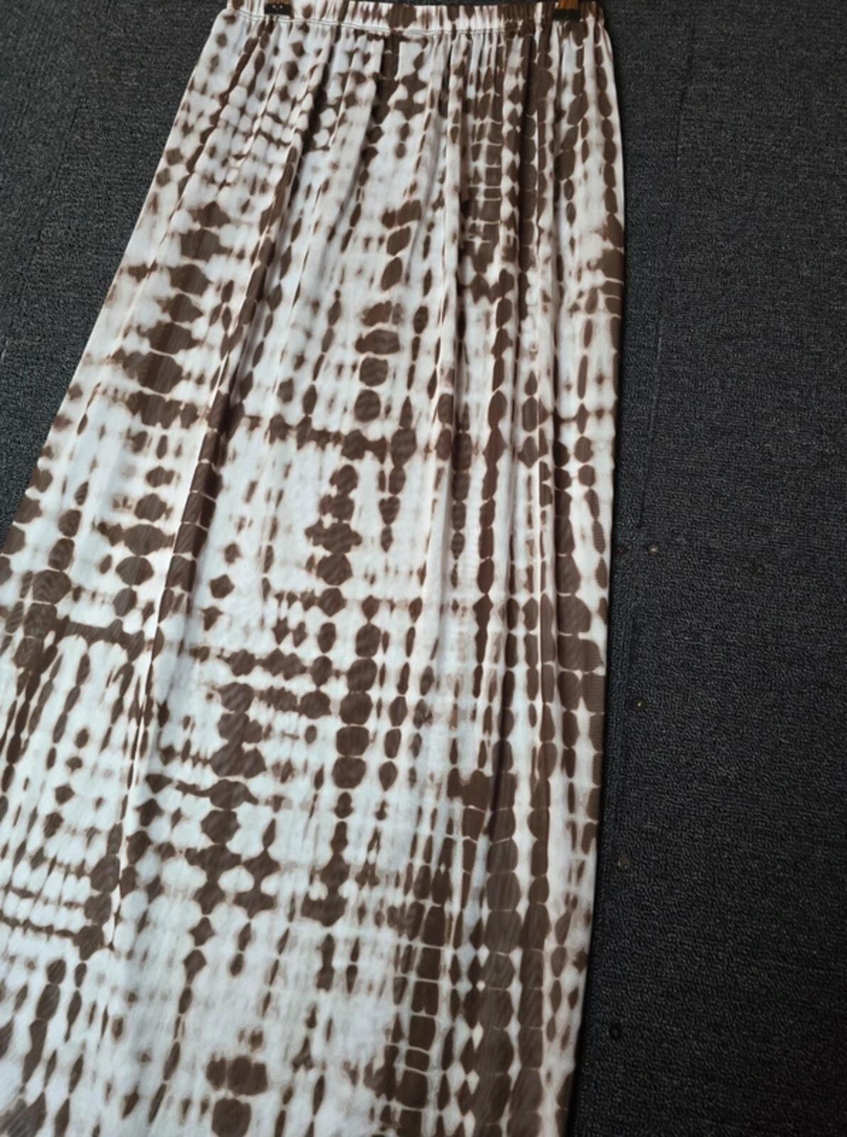 White & brown patterned midi sheer skirt with front slits small 8-10