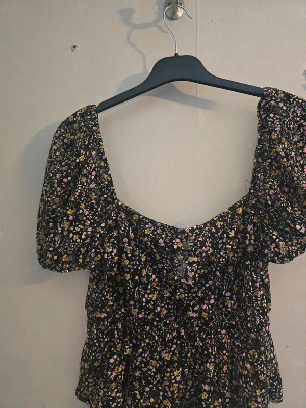 Topshop Black Floral Multicoloured Netted Tie Front Crop Peplum Top Size 10