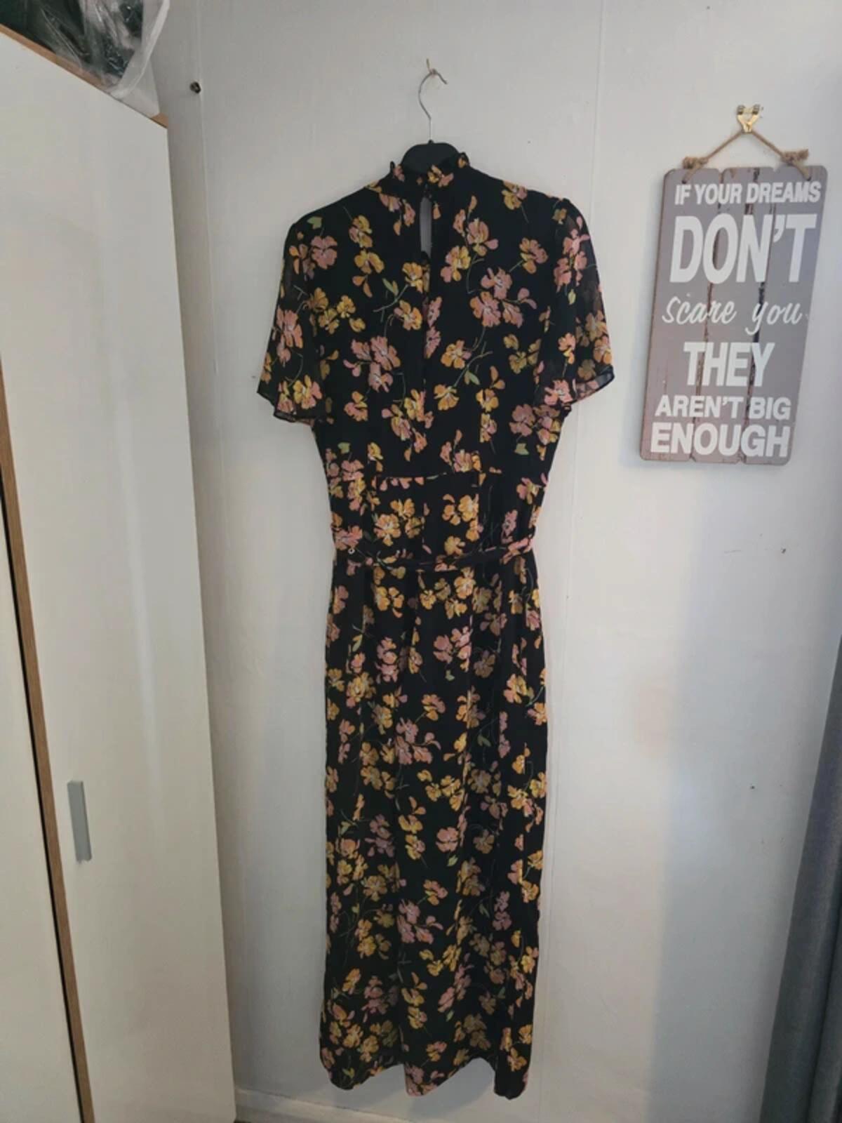 Warehouse Black Floral High-Neck Wide-Leg Jumpsuit Size 12