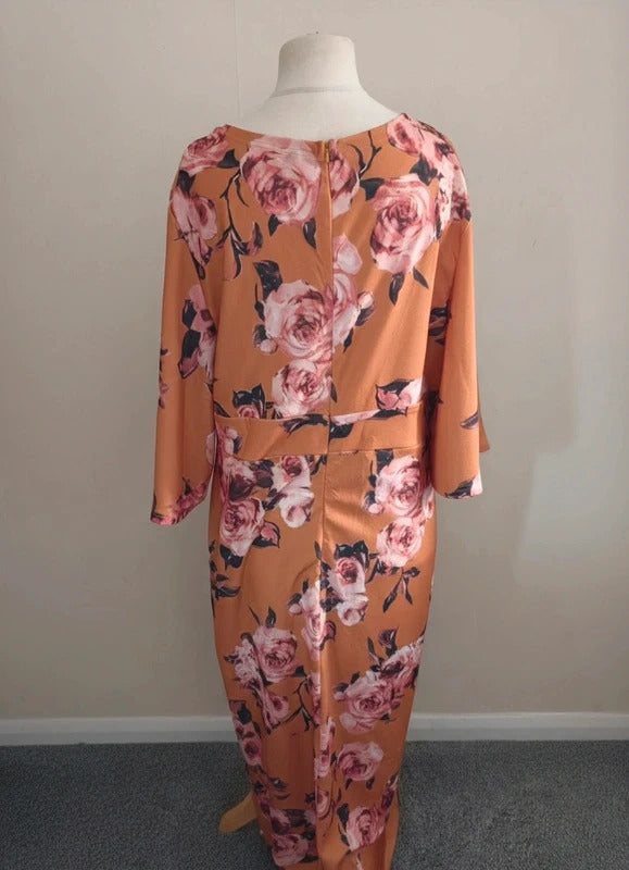 Shein Burnt Orange Floral V-Neck Bodycon Flared Sleeve Long Dress 3XL Size 24