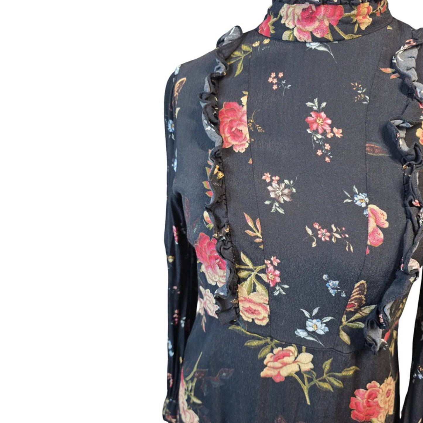 Zara Black Floral Mini Dress  L UK Size 12 Long Sleeve Lace Back Frill Detail