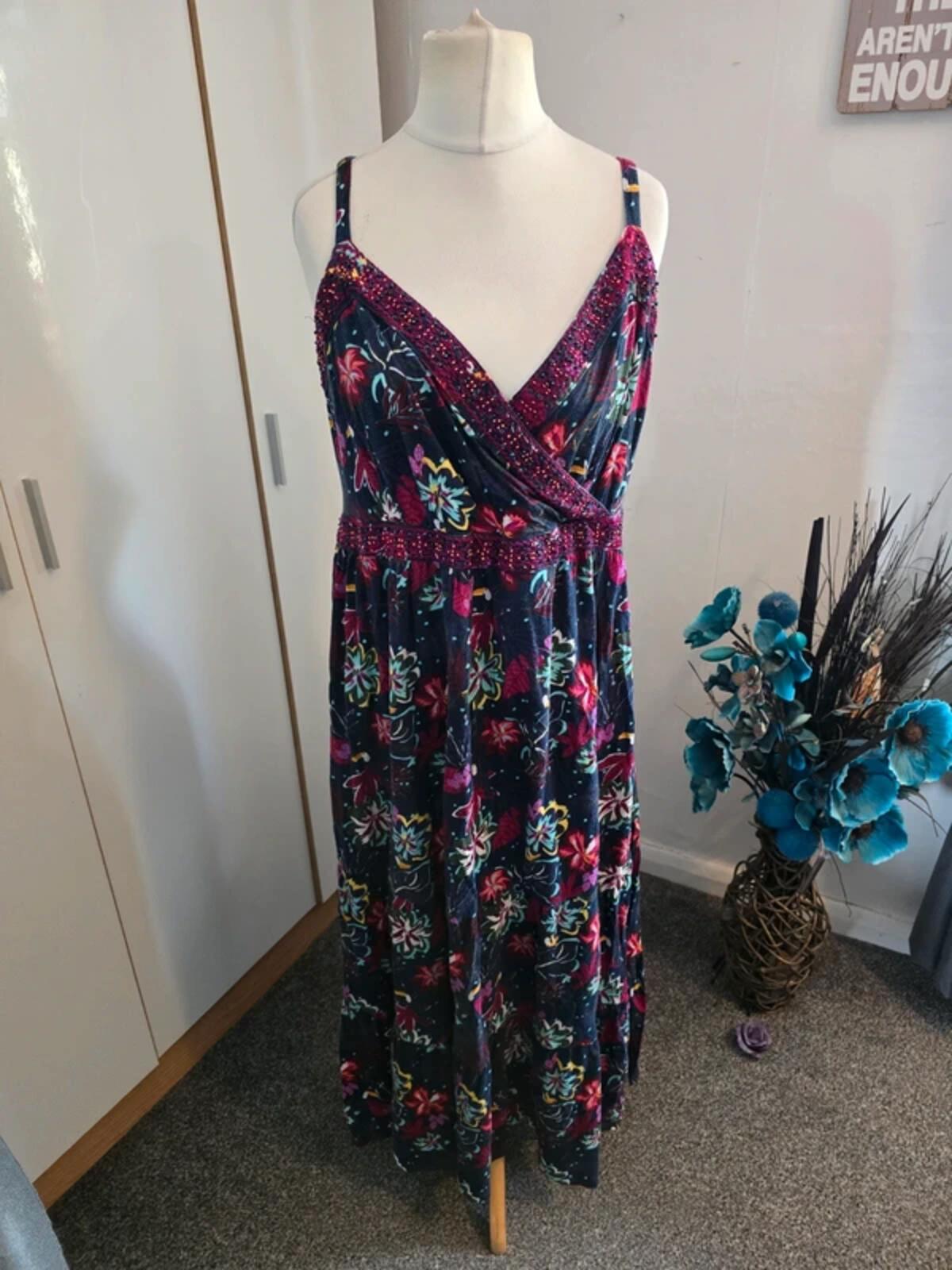 Manterey Multicoloured Floral Bird Cotton Embellished Dress Size 18