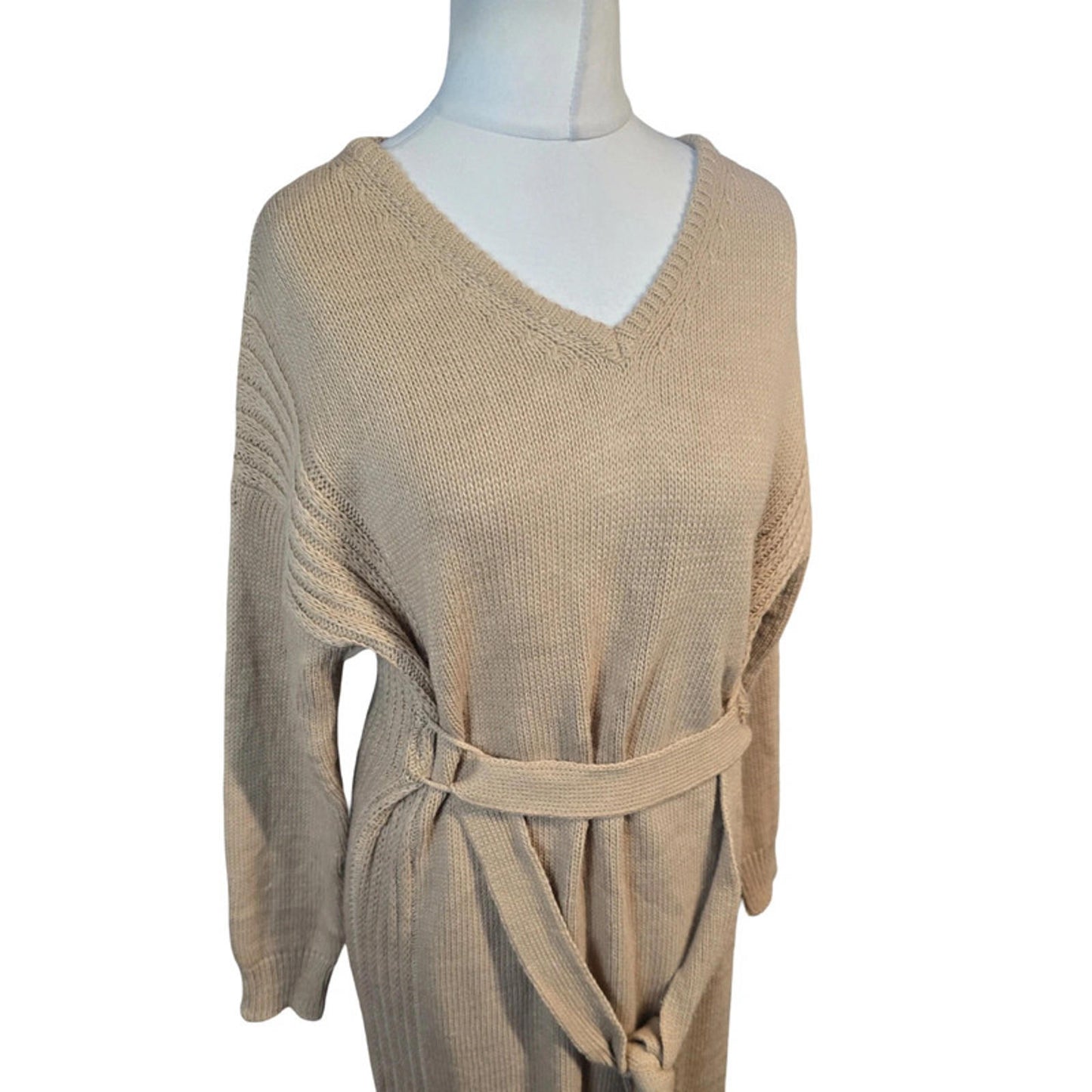 Boohoo Beige Knitted Midi Jumper Dress Size 12 Belted Cosy Winter