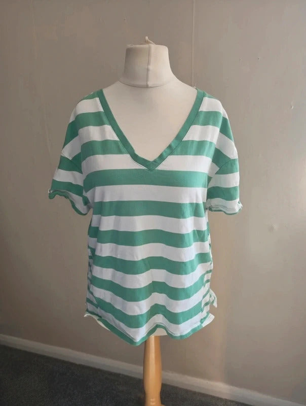 Next Green & White Striped V-Neck Boxy Cotton T-Shirt Size 14