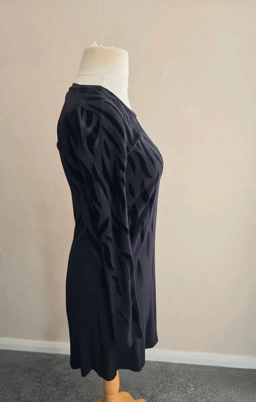 Yest Black Velvet Patterned Long-Sleeved Knee-Length Dress Size 10