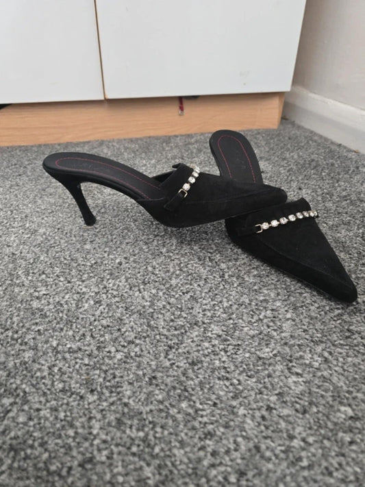 Unisa Black Suede Gem-Detail Pointed Court Shoes Size 3.5