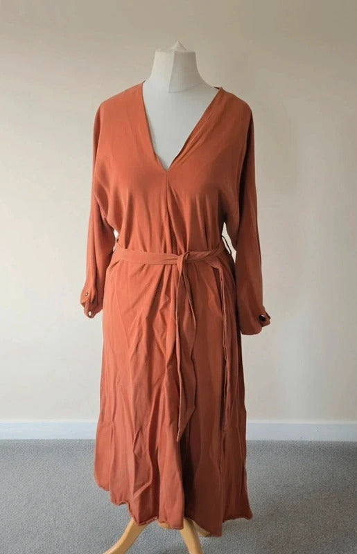 Mango Burnt Orange Belted Midi Oversized Dress – Relaxed Fit L Size 12