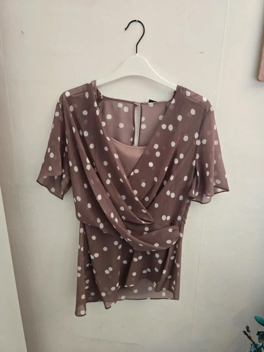 Jacques Vert Brown & White Polka Dot Asymmetrical Top Size 8 NWT