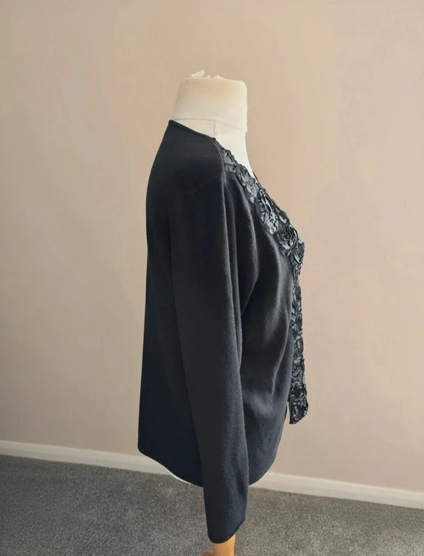 Per Una Women's Black Sequin Floral Ribbon Trim Hook-Closure Cardigan Size 20