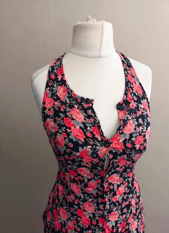 Topshop Black & Pink Floral Mini Dress / Tunic Top Tie Back Size 10 Better Fit Size 8