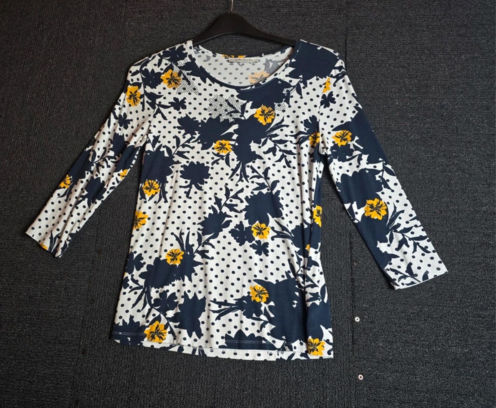 Betty Barclay Floral Polka Dot T-Shirt Navy White Yellow Size 12
