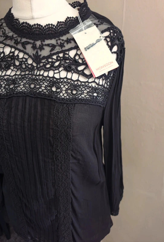 Monsoon Black Beaded High Neck Blouse Size 12 NWT