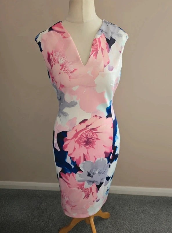 Roman Pink White & Navy Floral Bodycon Midi Dress Size 10