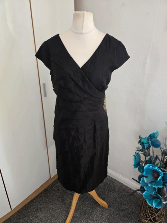 M&Co Boutique Black Ruffled V-Neck Dress with Gem Detail Size 14
