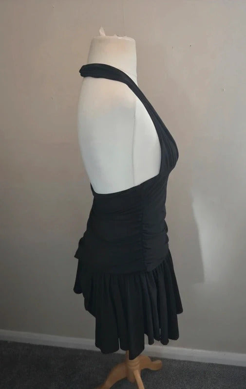 Bershka Black Y2K Ruched Halterneck Bodycon Mini Dress L Size 12