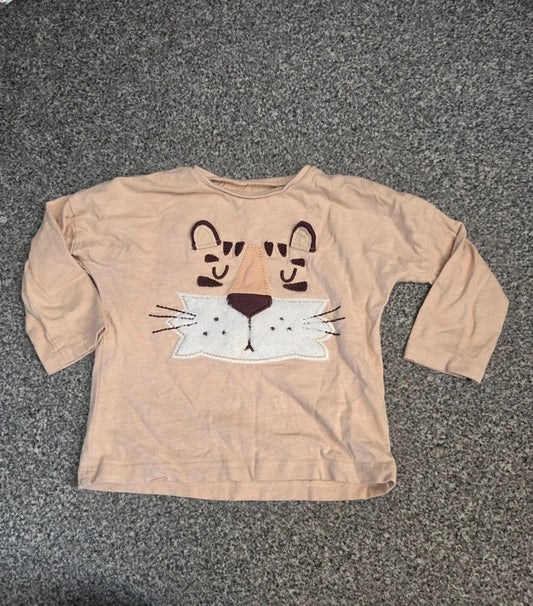 Next Baby Boys Beige Tiger Face Long Sleeve Cotton T-Shirt Age 12-18 Months