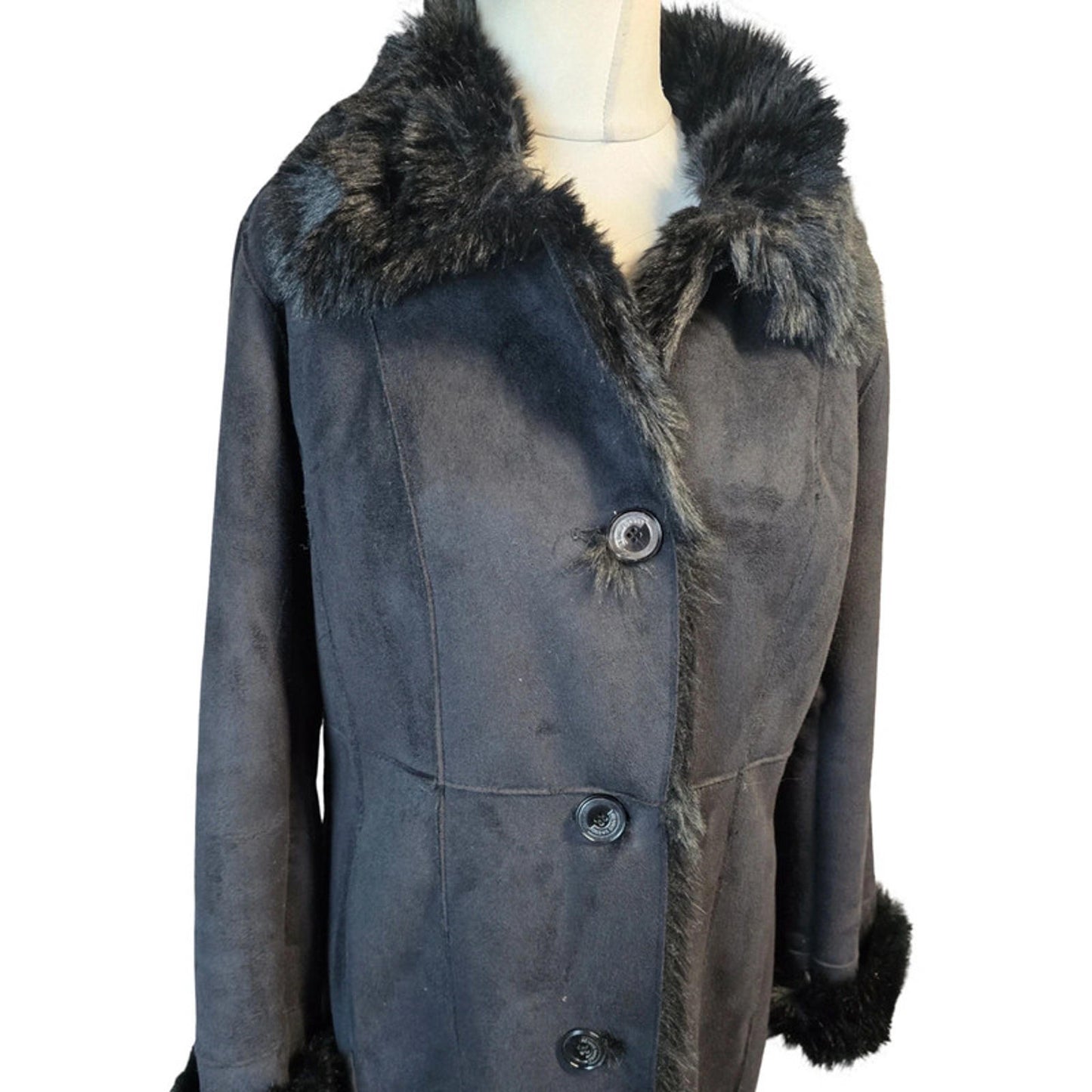 Dennis by Dennis Basso Long Winter Coat Black Size M Faux Fur Trim NEW