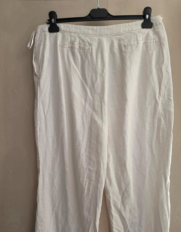 F&F White High-Waisted Linen Blend Flared Wide Leg Trousers Size 14