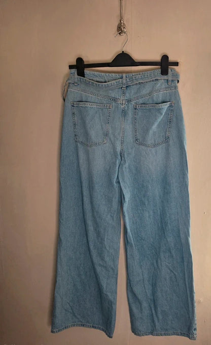 Next Light Blue High Rise Belted Wide Leg Jeans Size 12Reg Causal Retro
