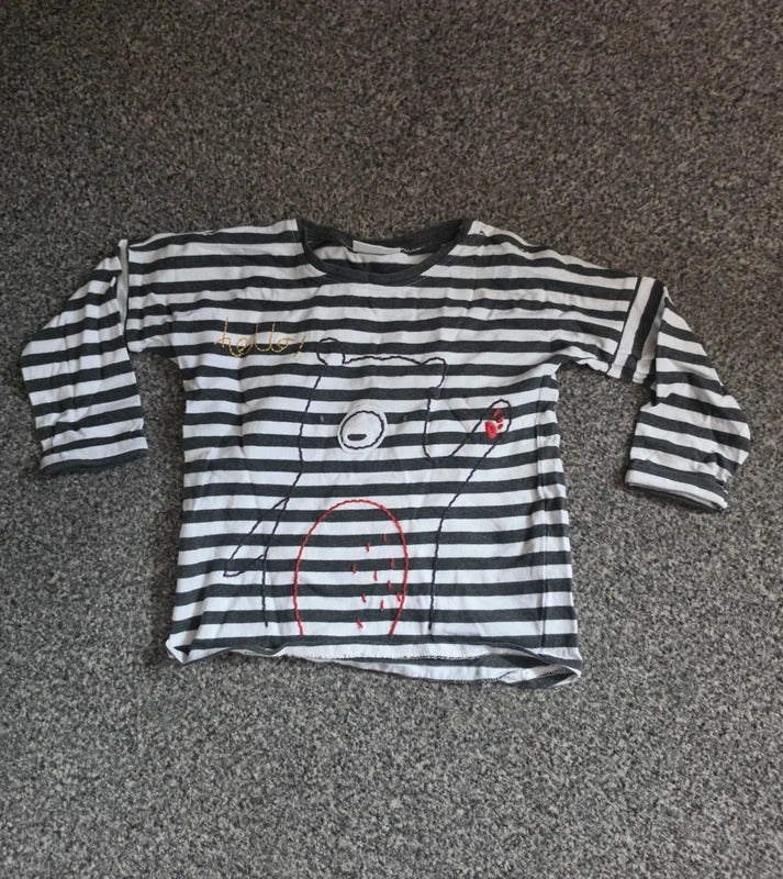 Next Baby Boys Black & White Striped Bear Long Sleeve Top – 6–9 Months