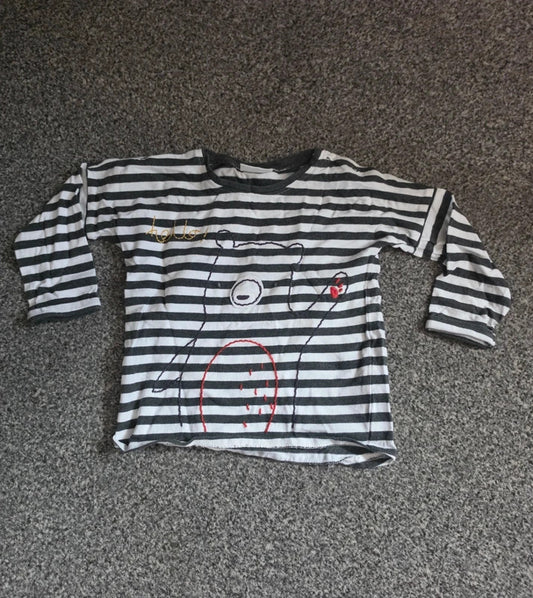 Next Baby Boys Black & White Striped Bear Long Sleeve Top – 6–9 Months