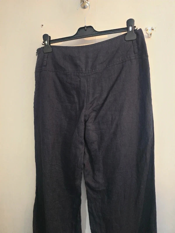 Solar Navy Blue High Waisted Flared 100% Linen Trousers Size UK 12 / EU 40