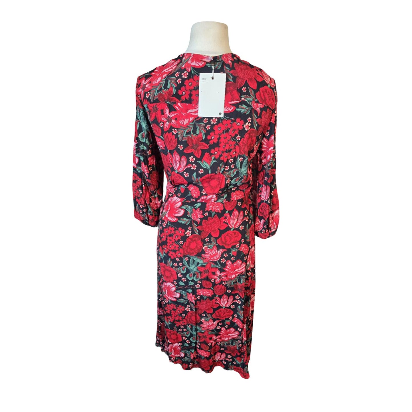 Monki Red Floral Wrap Style Dress – 3/4 Sleeve, Knee to Midi Length – UK size 10