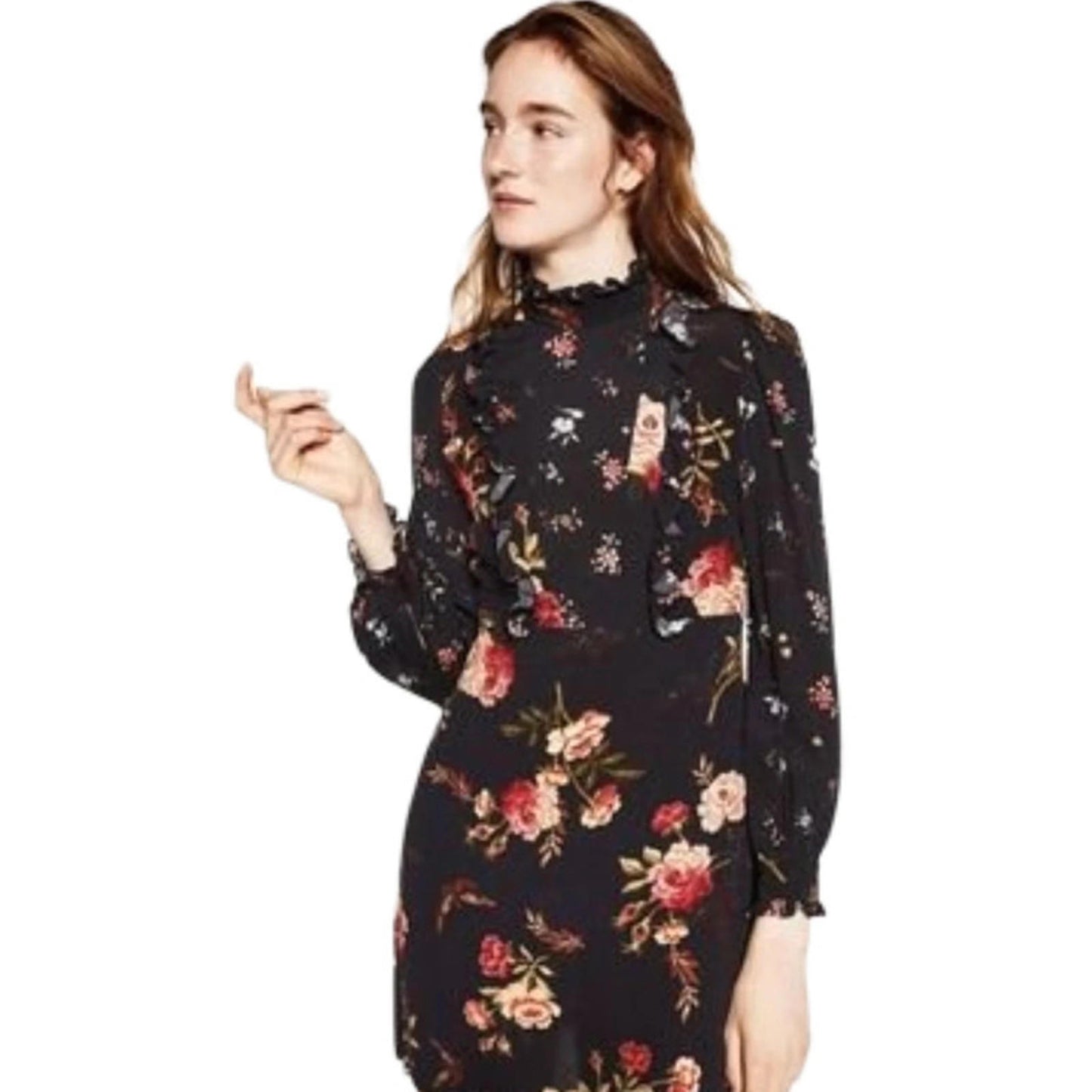 Zara Black Floral Mini Dress  L UK Size 12 Long Sleeve Lace Back Frill Detail