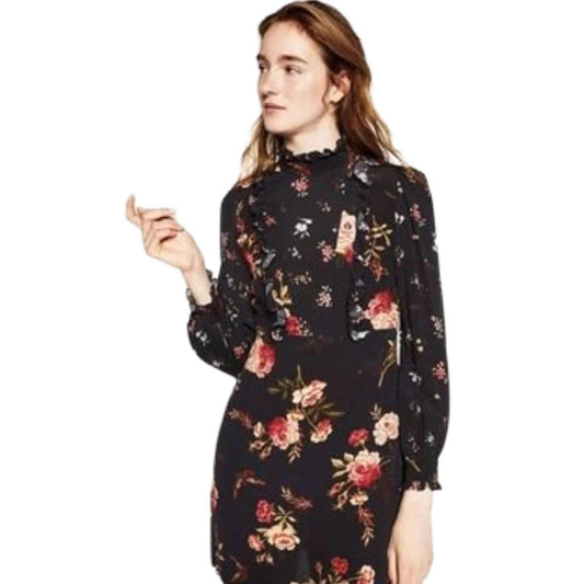 Zara Black Floral Mini Dress  L UK Size 12 Long Sleeve Lace Back Frill Detail